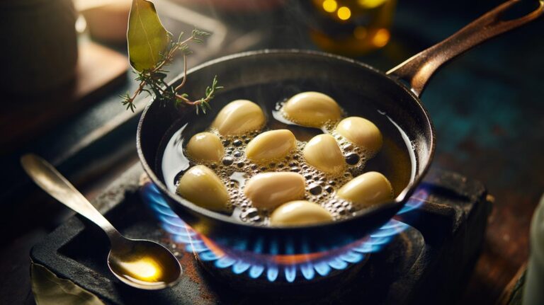 Illustration of garlic cloves gently cooking in oil over low heat to prevent bitterness and preserve sweet flavour