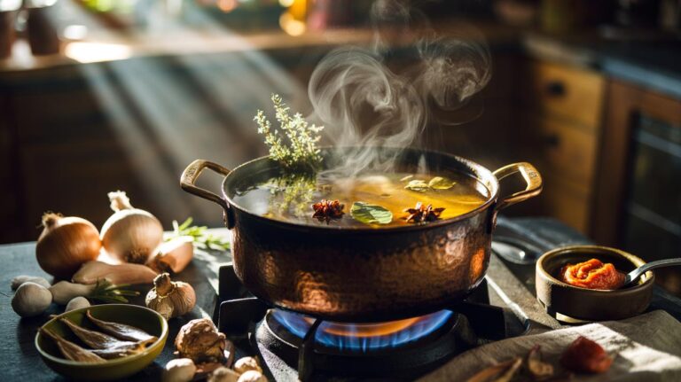 Illustration of a covered pot at a low simmer on the hob, gently releasing aromatic steam as herbs, spices, and slow-cooked ingredients meld for deeper flavour