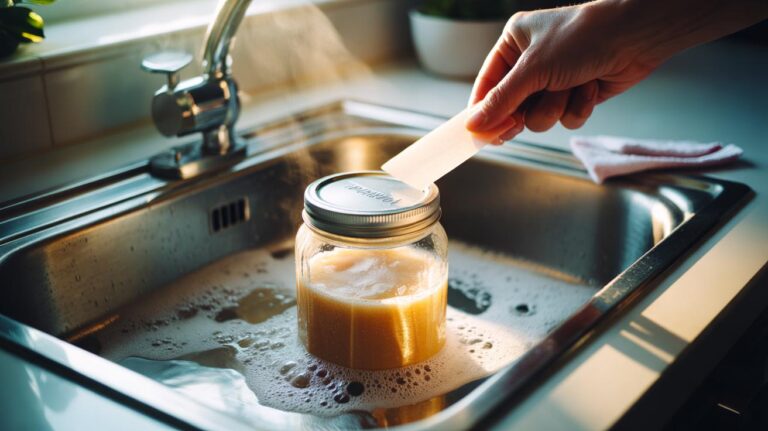 Illustration of a glass jar partially submerged in lukewarm soapy water, its paper label peeling away as mild heat loosens the adhesive, with a plastic scraper nearby