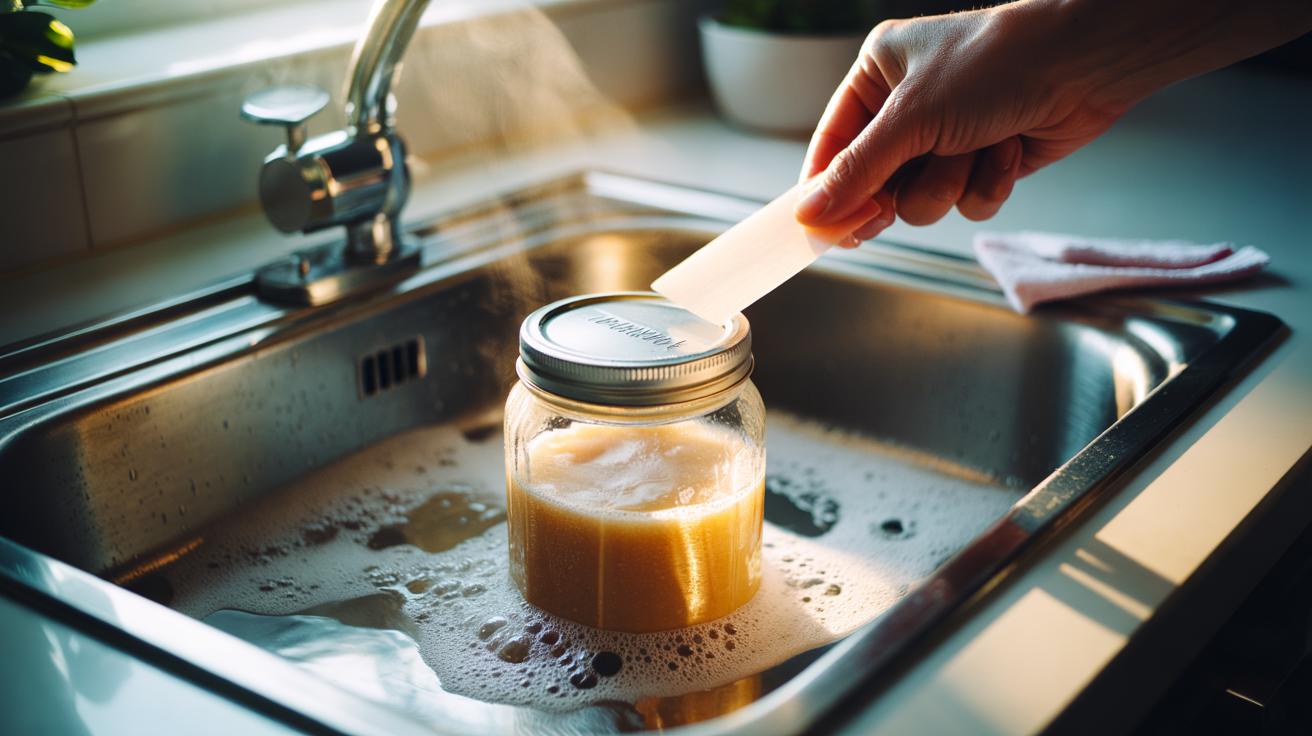 Illustration of a glass jar partially submerged in lukewarm soapy water, its paper label peeling away as mild heat loosens the adhesive, with a plastic scraper nearby