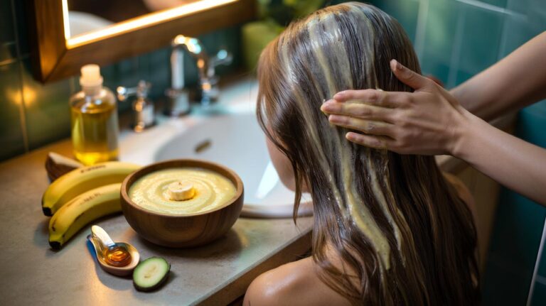 Illustration of mashed banana hair conditioner being applied to dry ends, highlighting potassium-rich hydration and cuticle smoothing