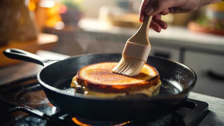 Illustration of a hand using a brush to spread mayonnaise on the outer bread of a grilled cheese sandwich in a skillet for a golden, crisp crust
