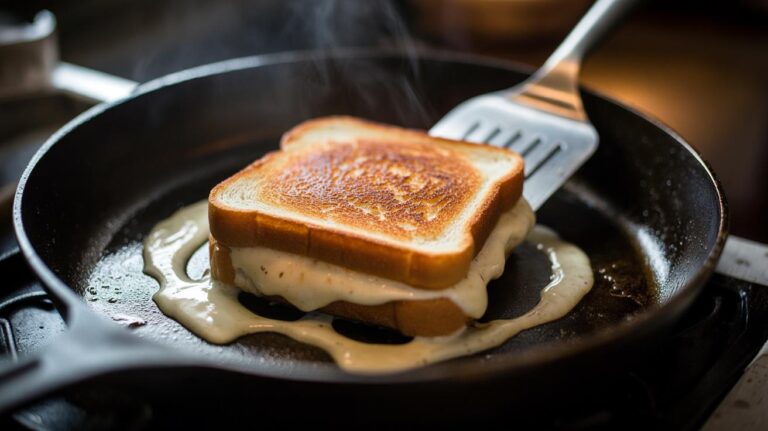 Illustration of a mayonnaise-coated grilled cheese sandwich cooking in a pan to demonstrate how fat creates a non-stick layer