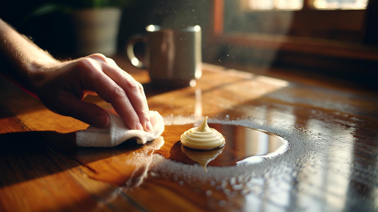 Illustration of mayonnaise being applied with a soft cloth to a white water ring on a wooden tabletop to lift trapped moisture