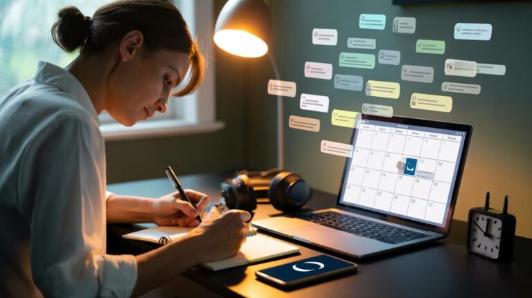 Illustration of a professional decluttering their mind by capturing tasks to a notebook and calendar on a laptop, with muted notifications and a tidy workspace to free working memory