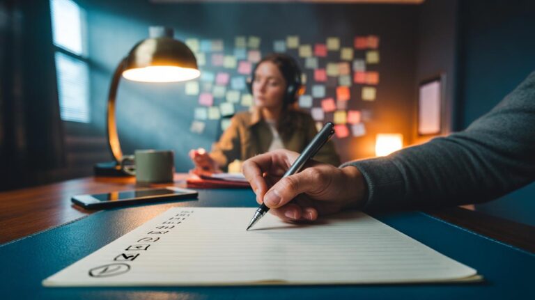 Illustration of a person writing a mental-declutter list to calm racing thoughts and clarify priorities