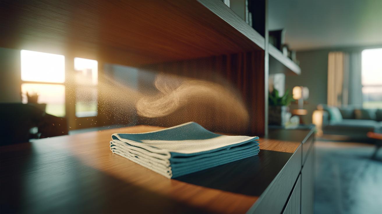 Illustration of the microfibre fold-and-flip dusting method with a quarter-folded microfibre cloth showing multiple clean panels lifting dust from a shelf