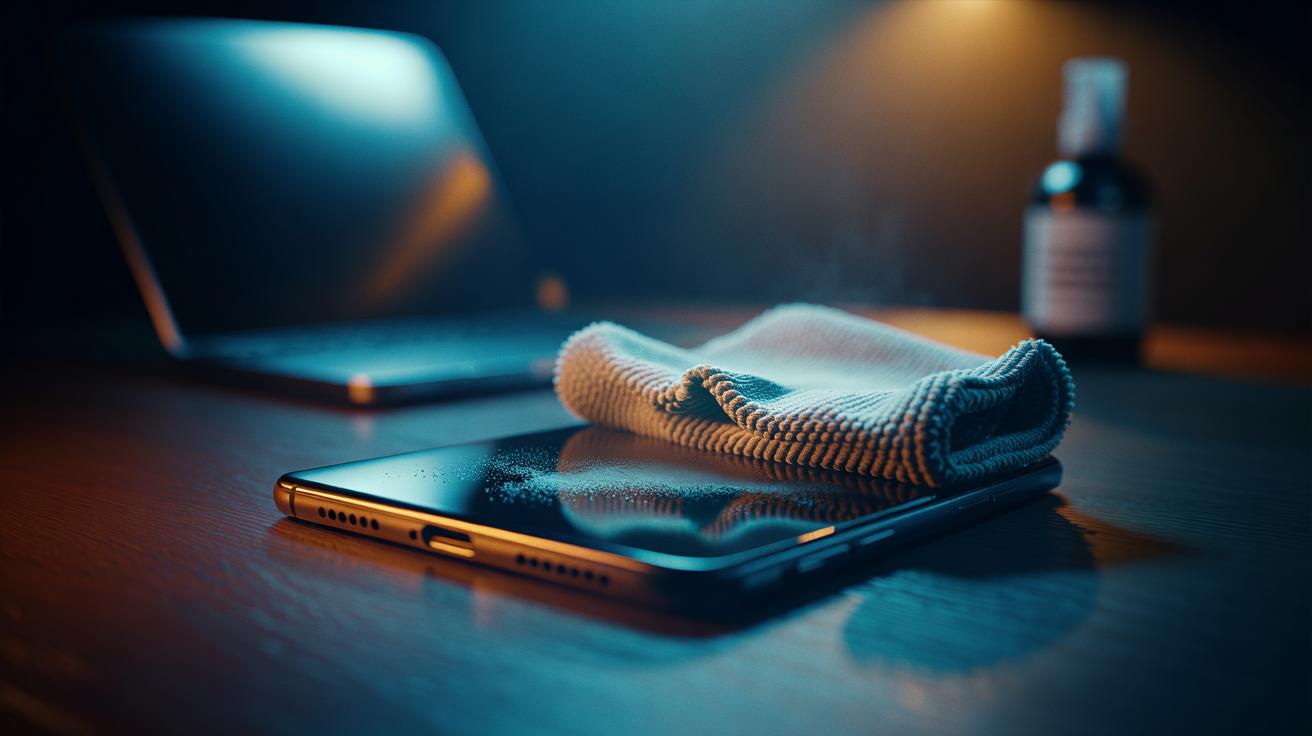 Illustration of a loop-knit microfiber cloth gently polishing a smartphone screen, with ultra-fine fibres lifting oils and dust to reduce streaks