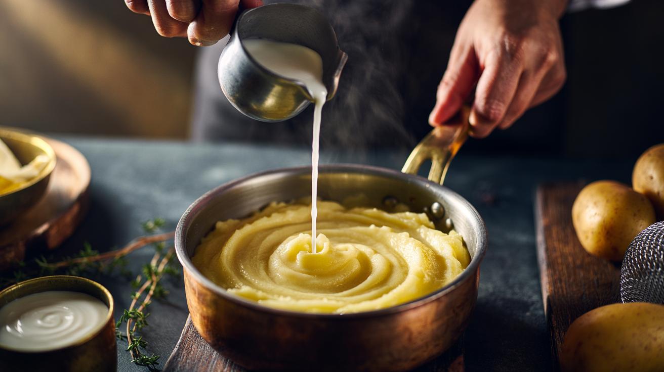Illustration of hot mashed potatoes being folded with melted butter and warm milk to create a silky, restaurant-style texture