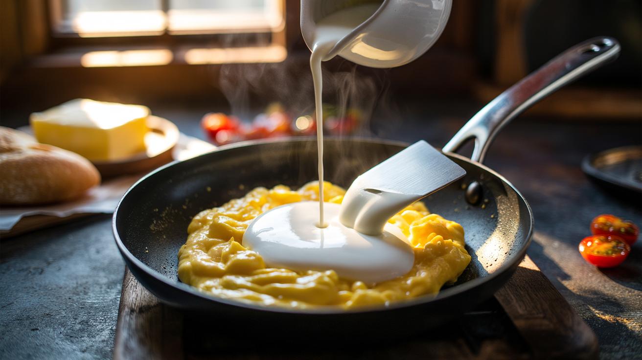 Illustration of milk or cream being whisked into eggs to create ultra-creamy, silky scrambled eggs
