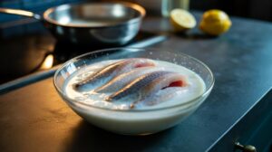 Illustration of raw fish fillets submerged in a bowl of milk to reduce fishy odour through casein binding