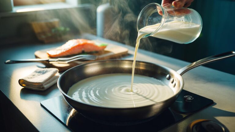 Illustration of a frying pan soaking in warm milk to remove fish odour, with casein gently binding the odour molecules
