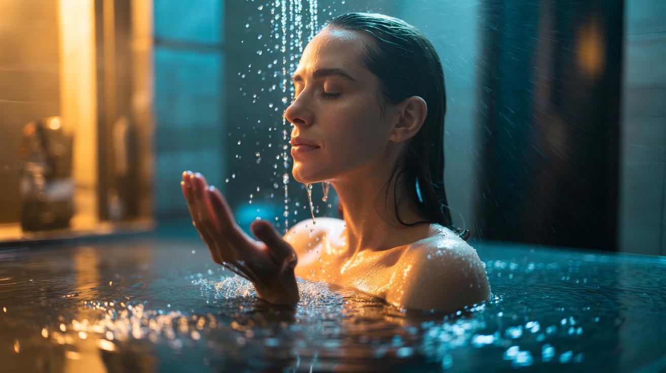 Illustration of a person taking a mindful shower, focusing on warmth, pressure, scent, and sound to calm mental chatter