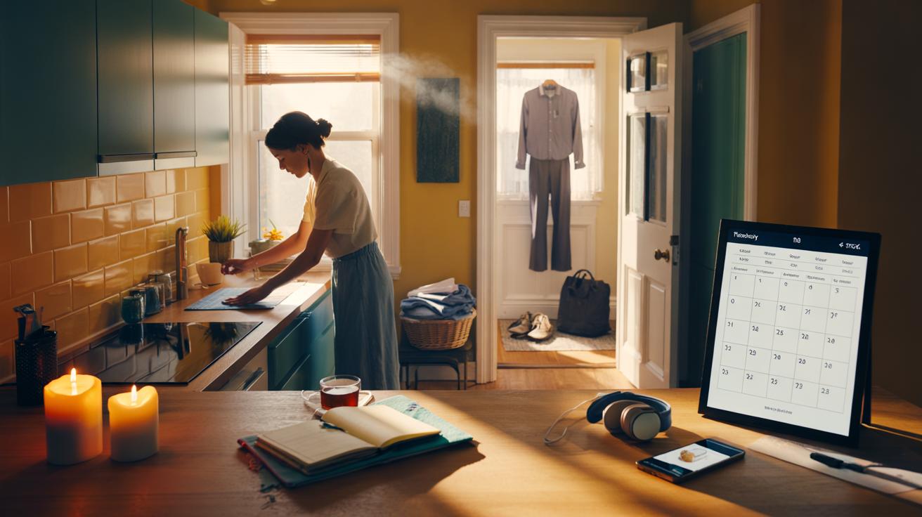 Illustration of a mini-weekend reset ritual with simple tasks—tidying, light movement, and planning—to boost happiness and wellbeing