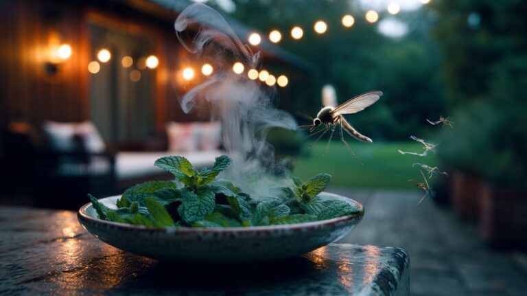 Illustration of crushed mint leaves being bruised in small bowls on a patio, releasing menthol vapours that repel nearby mosquitoes