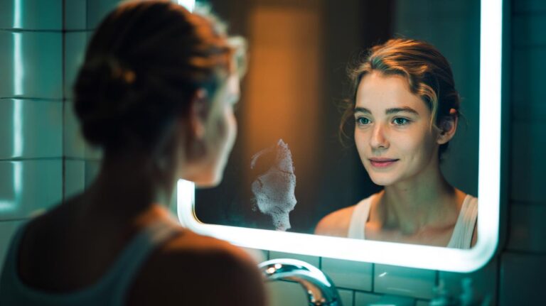 Illustration of a person softening their gaze in a mirror to reduce self-criticism and cultivate kinder inner dialogue