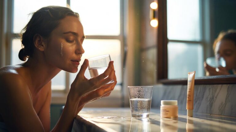 Illustration of a morning hydration routine that keeps skin bright all day by combining water intake with humectant serum, moisturiser, and SPF