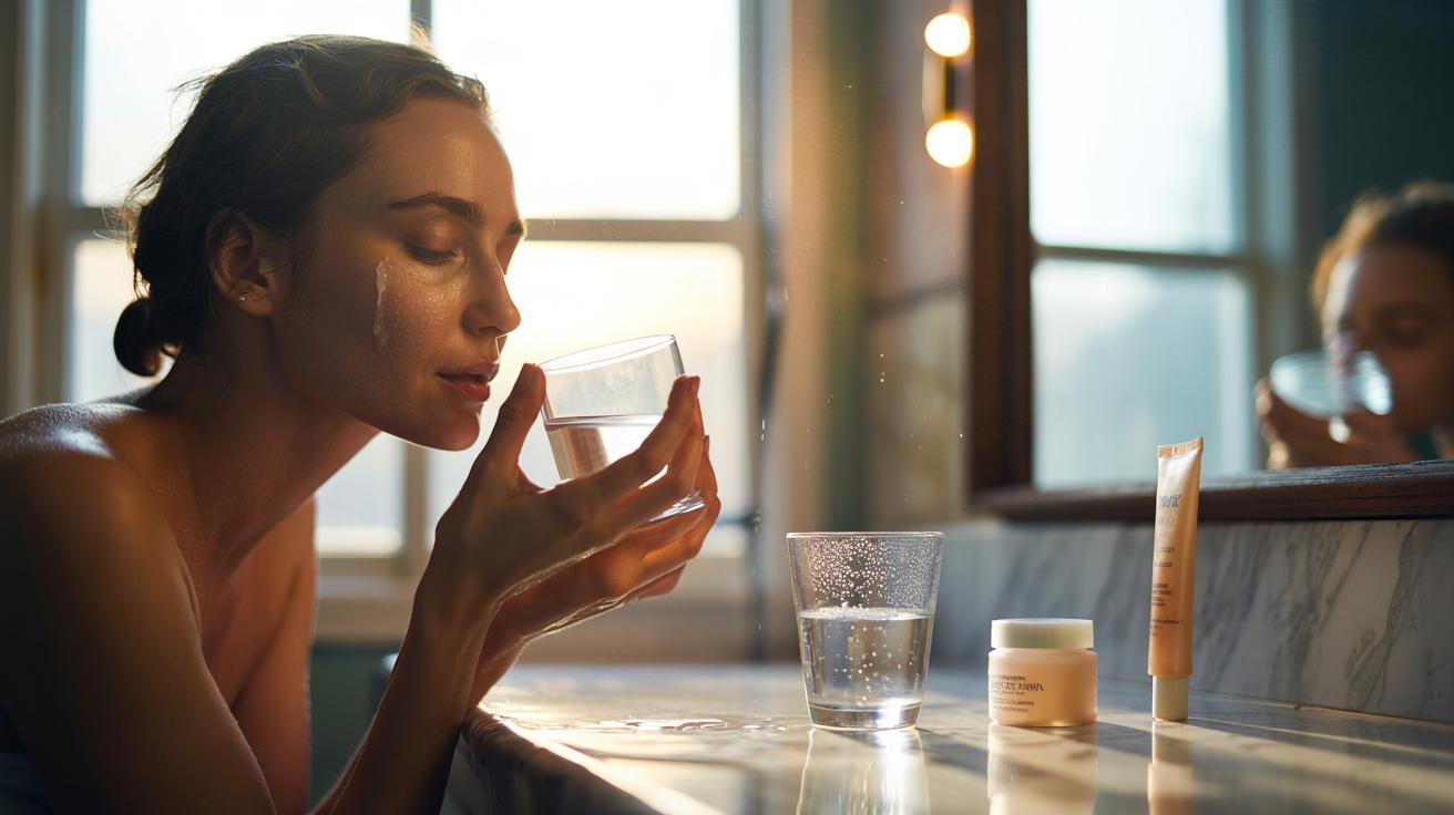 Illustration of a morning hydration routine that keeps skin bright all day by combining water intake with humectant serum, moisturiser, and SPF