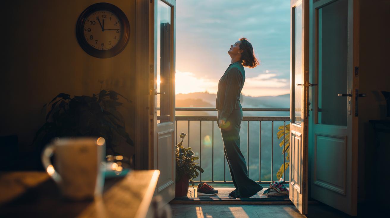 Illustration of morning light exposure shortly after waking to reset the body clock and boost energy