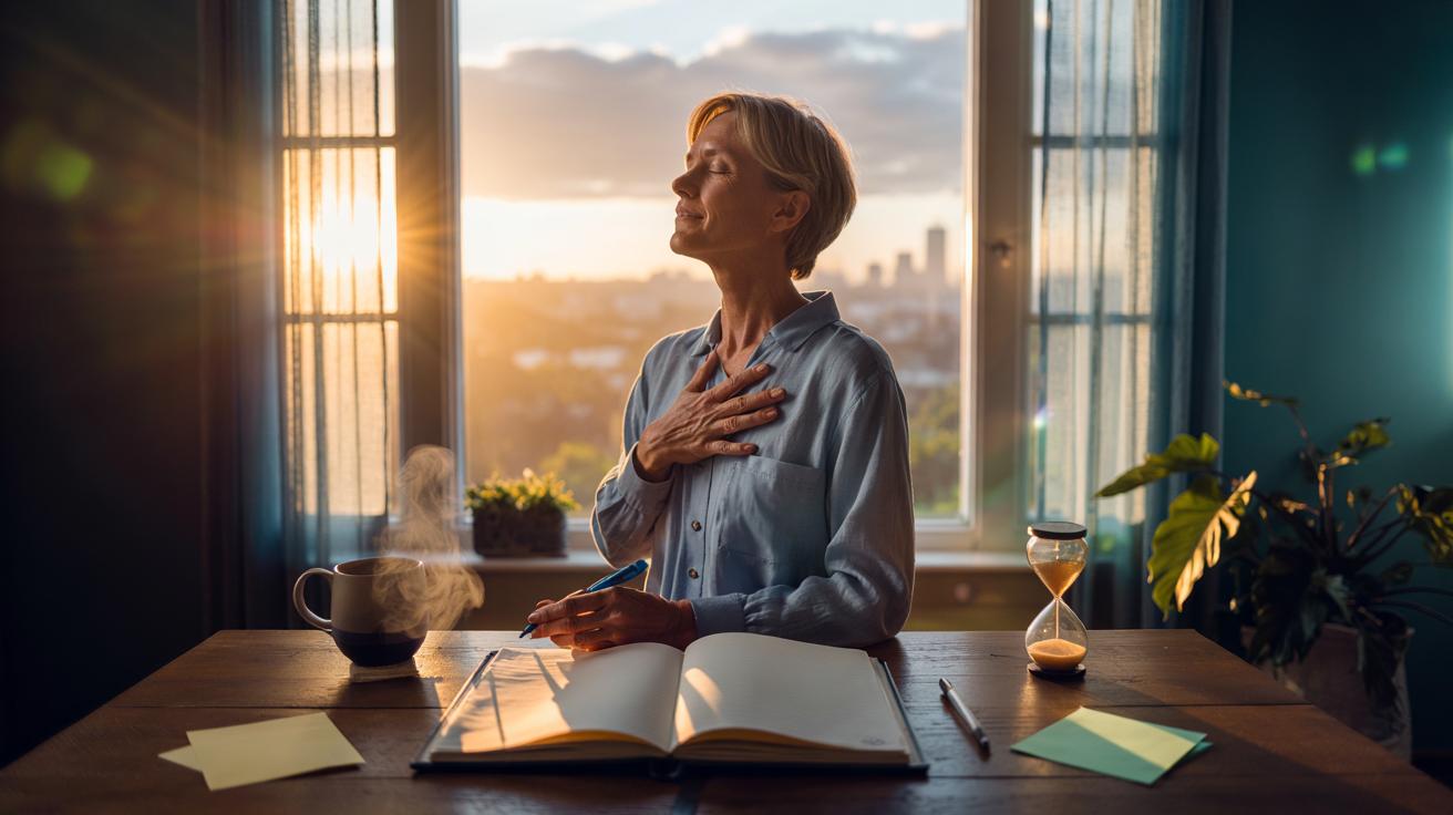 Illustration of a person at sunrise practicing a morning reframing ritual, using cognitive resets and slow breathing to build resilience and grounded optimism