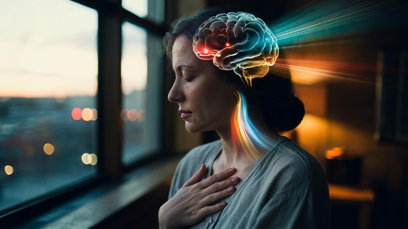 Illustration of a person practicing affect labelling—naming their feelings—to reduce stress, showing lowered amygdala activity and an engaged prefrontal cortex