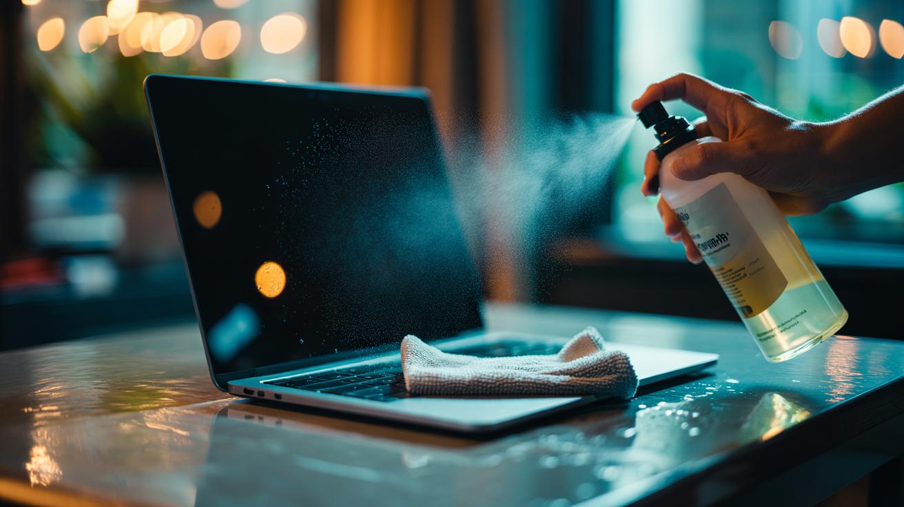 Illustration of a neutral-soap spritz being applied to a microfibre cloth to safely clean a laptop screen using a low-residue formula