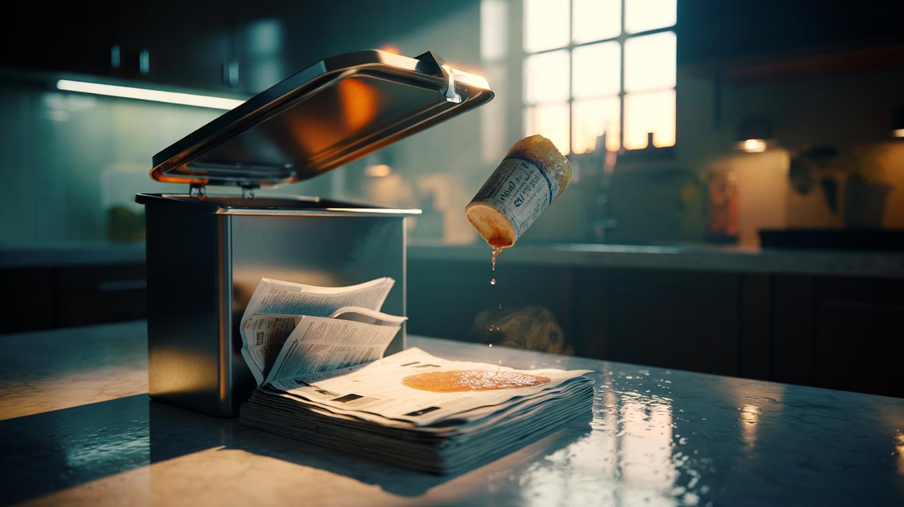 Illustration of layered newspaper sheets lining the bottom of a kitchen bin to absorb leaks