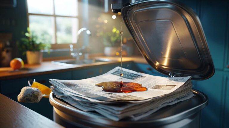 Illustration of newspaper layers lining the bottom of a kitchen bin to absorb liquid before it escapes
