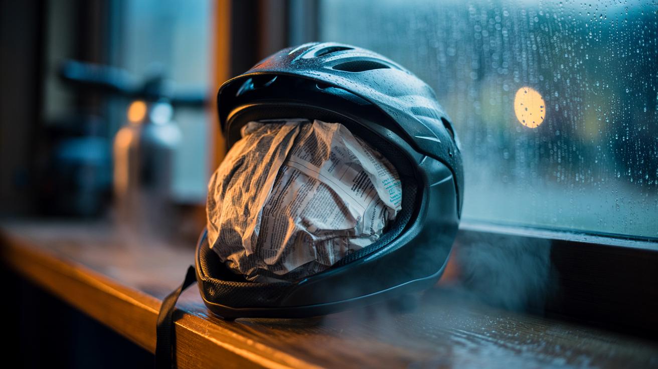 Illustration of crumpled newspaper packed inside a sweaty helmet to pull moisture and reduce odour overnight