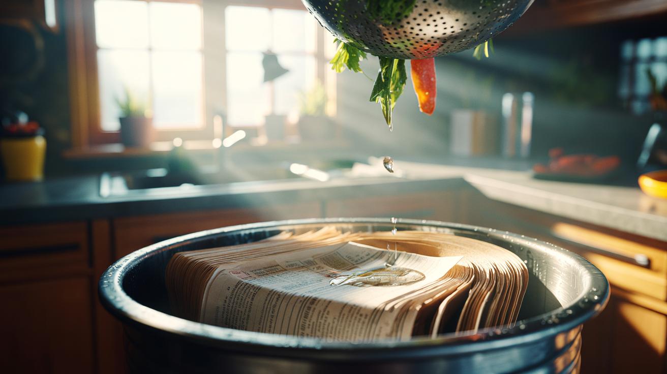 Illustration of [a kitchen rubbish bin lined with layered newspaper to absorb moisture and prevent odours]