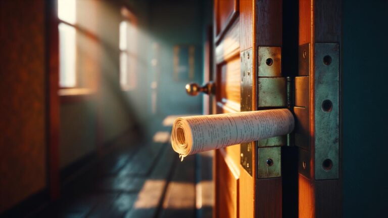 Illustration of a rolled newspaper used as a paper shim around a door hinge pin to silence a squeaky door