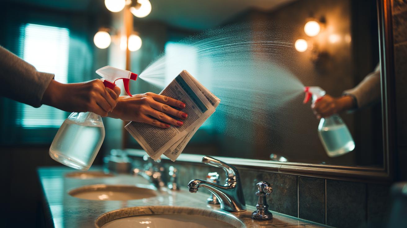 Illustration of hands using folded newspaper and a spray bottle of white vinegar to clean a bathroom mirror, leaving a streak-free shine