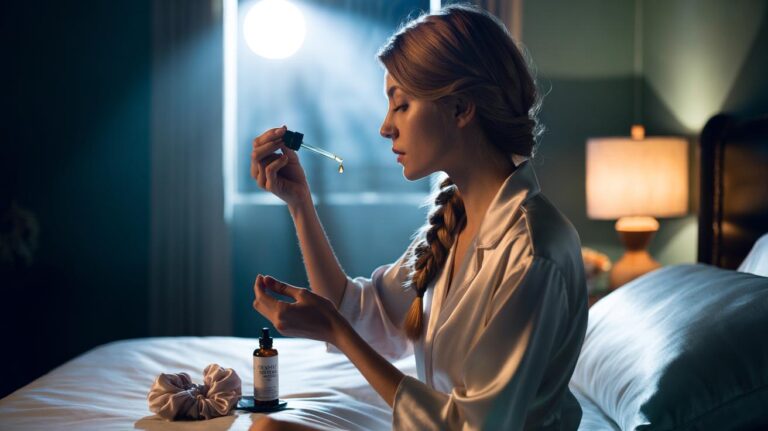 Illustration of a nighttime hair care routine with pre-sleep treatments—silk pillowcase, protective braid, and light hair oil—to prevent damage