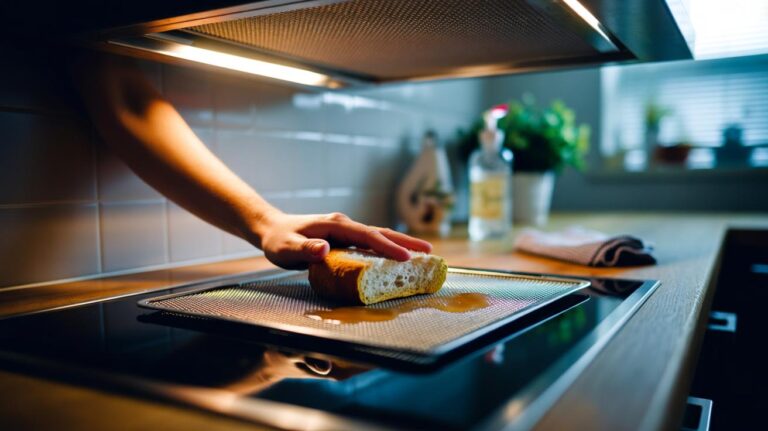 Illustration of stale bread gently lifting grease from an oven hood mesh filter without scratching