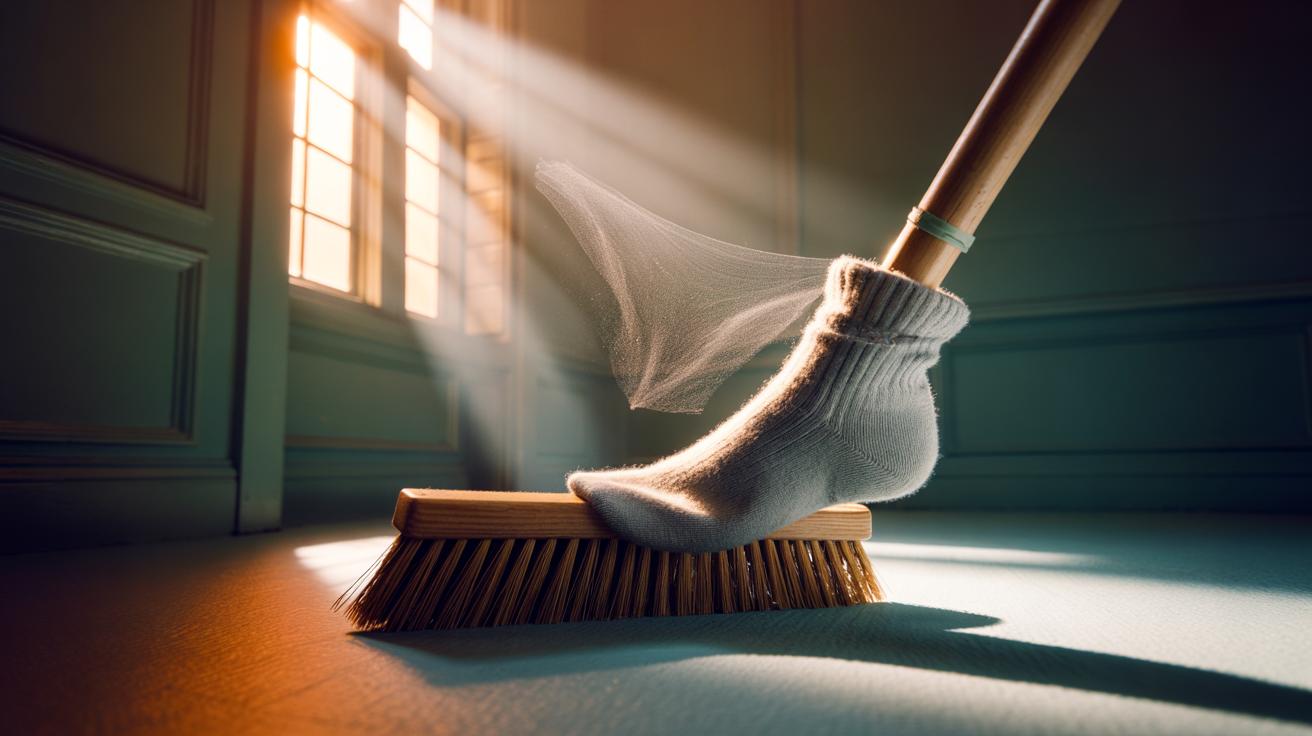 Illustration of an old sock pulled over a broom head being used to dust a high ceiling corner