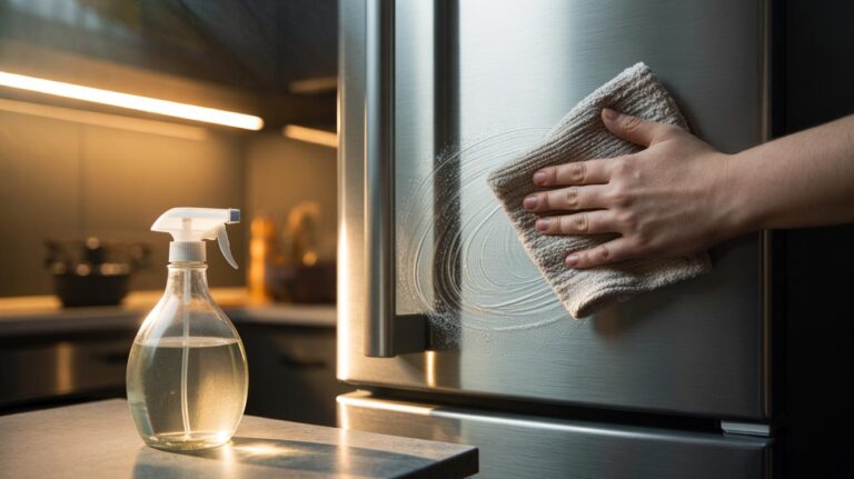 Illustration of a hand wearing an old cotton sock wiping a stainless steel fridge door with a vinegar solution