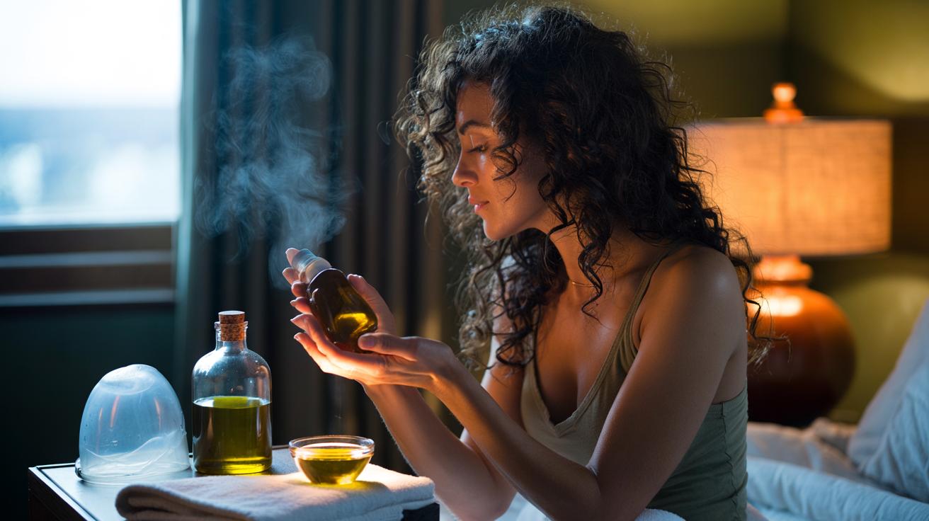 Illustration of frizzy hair treated with a warm olive oil mask under a shower cap overnight to seal the cuticles