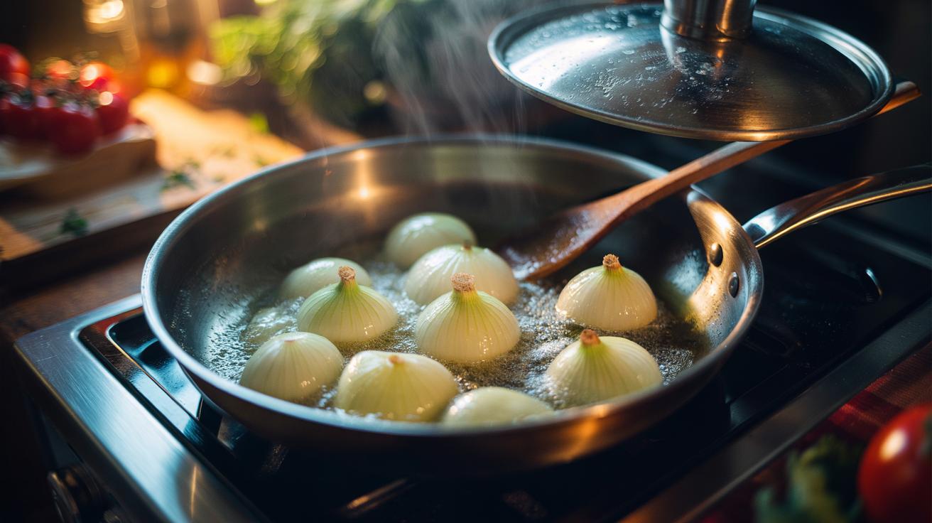 Illustration of onions gently sweating in a wide pan over low heat with a pinch of salt, translucent and glossy under a lid, releasing natural sugars for a sweeter sauce base