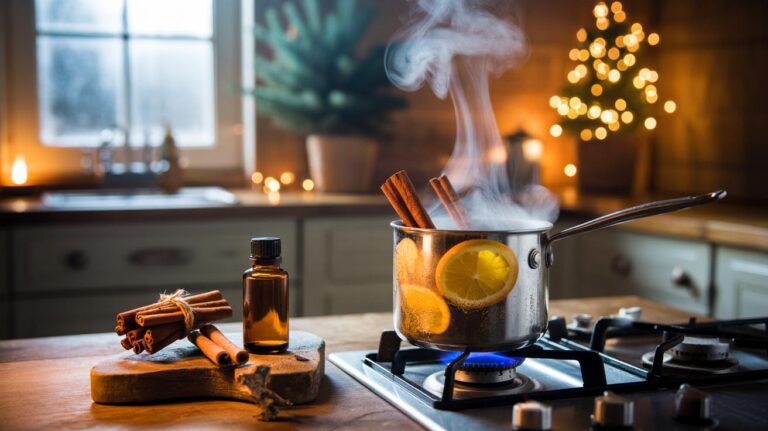 Illustration of an orange and cinnamon simmer pot on the stove, with orange slices, cinnamon sticks, and essential oil bottles, filling a home with a Christmas fragrance