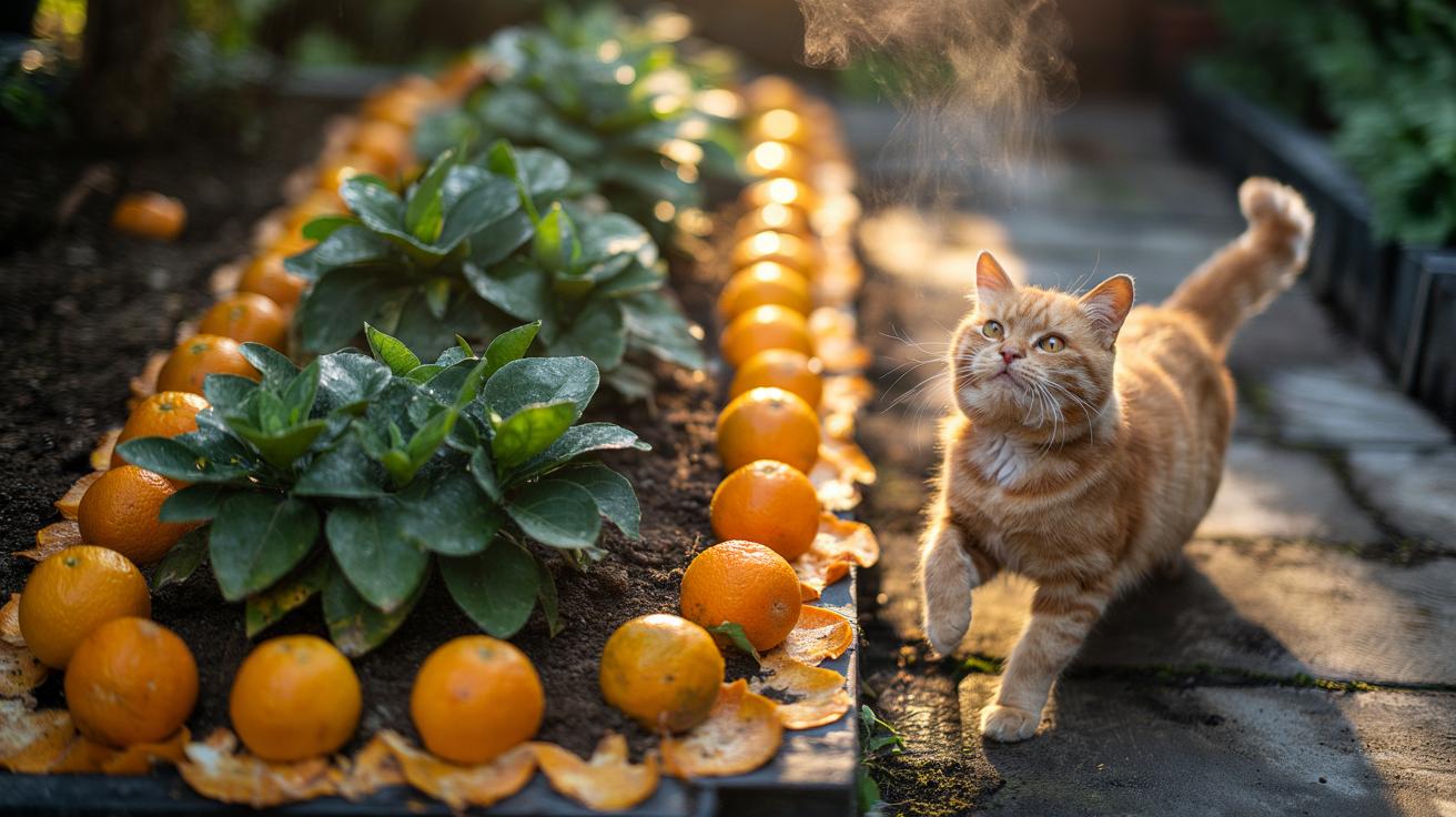 Illustration of orange peel mulch around garden plants naturally repelling a cat with citrus oils