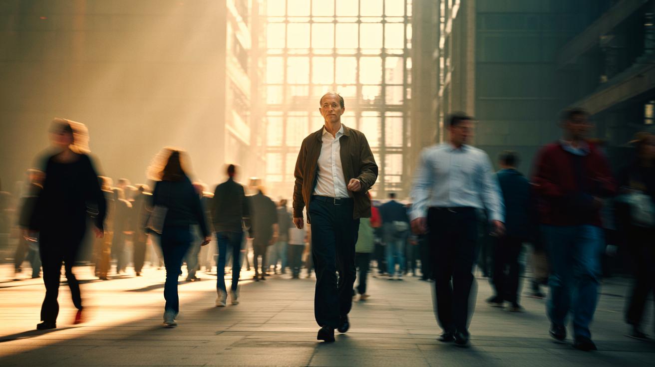 Illustration of a person practising conscious, slower movement with measured steps, relaxed shoulders, and steady breathing to ease nervous tension