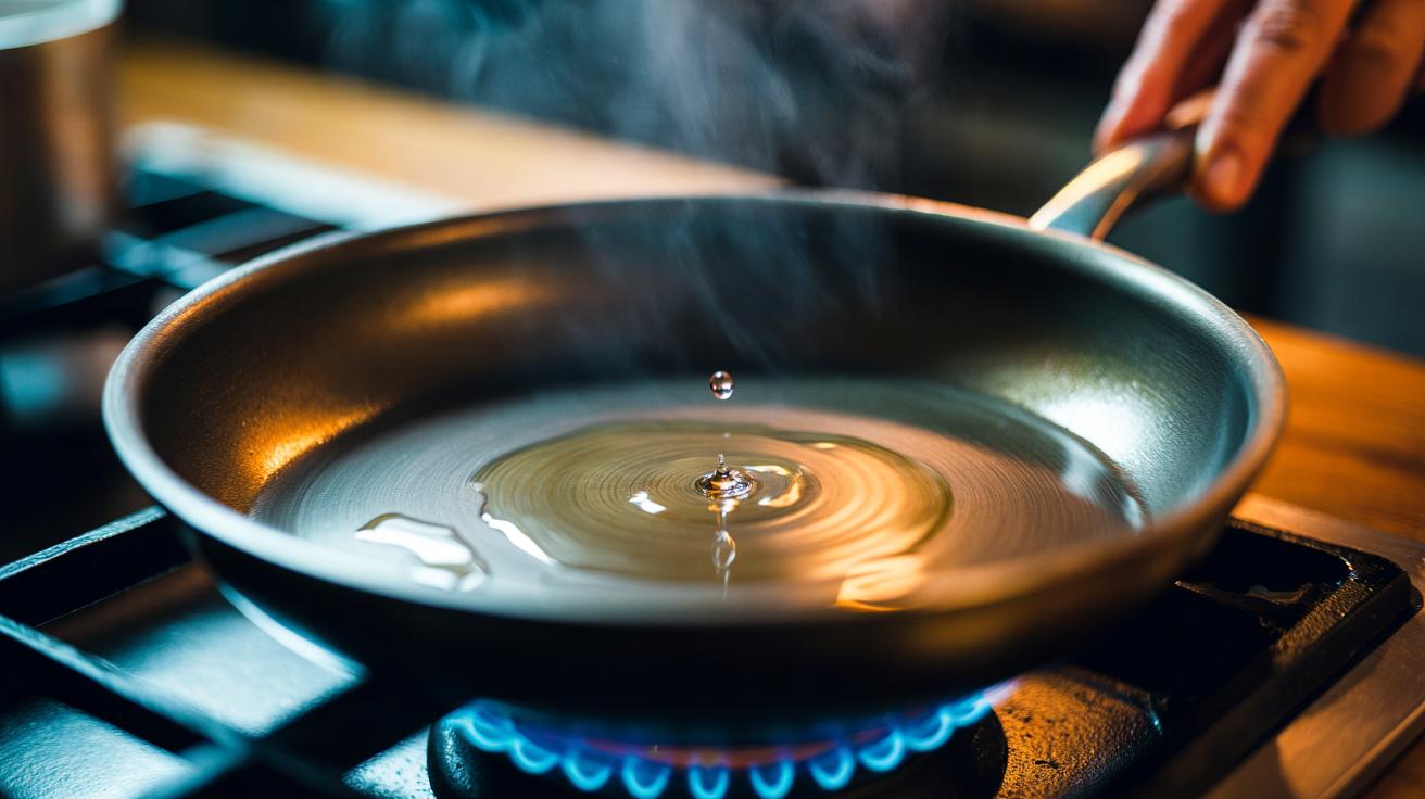 Illustration of a preheated stainless-steel pan with shimmering oil, demonstrating even heat creating a natural non-stick layer
