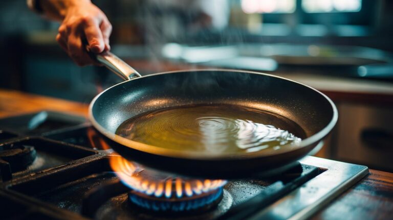 Illustration of a cook tilting a heated frying pan on the hob to spread a thin, even film of oil and prevent hot spots