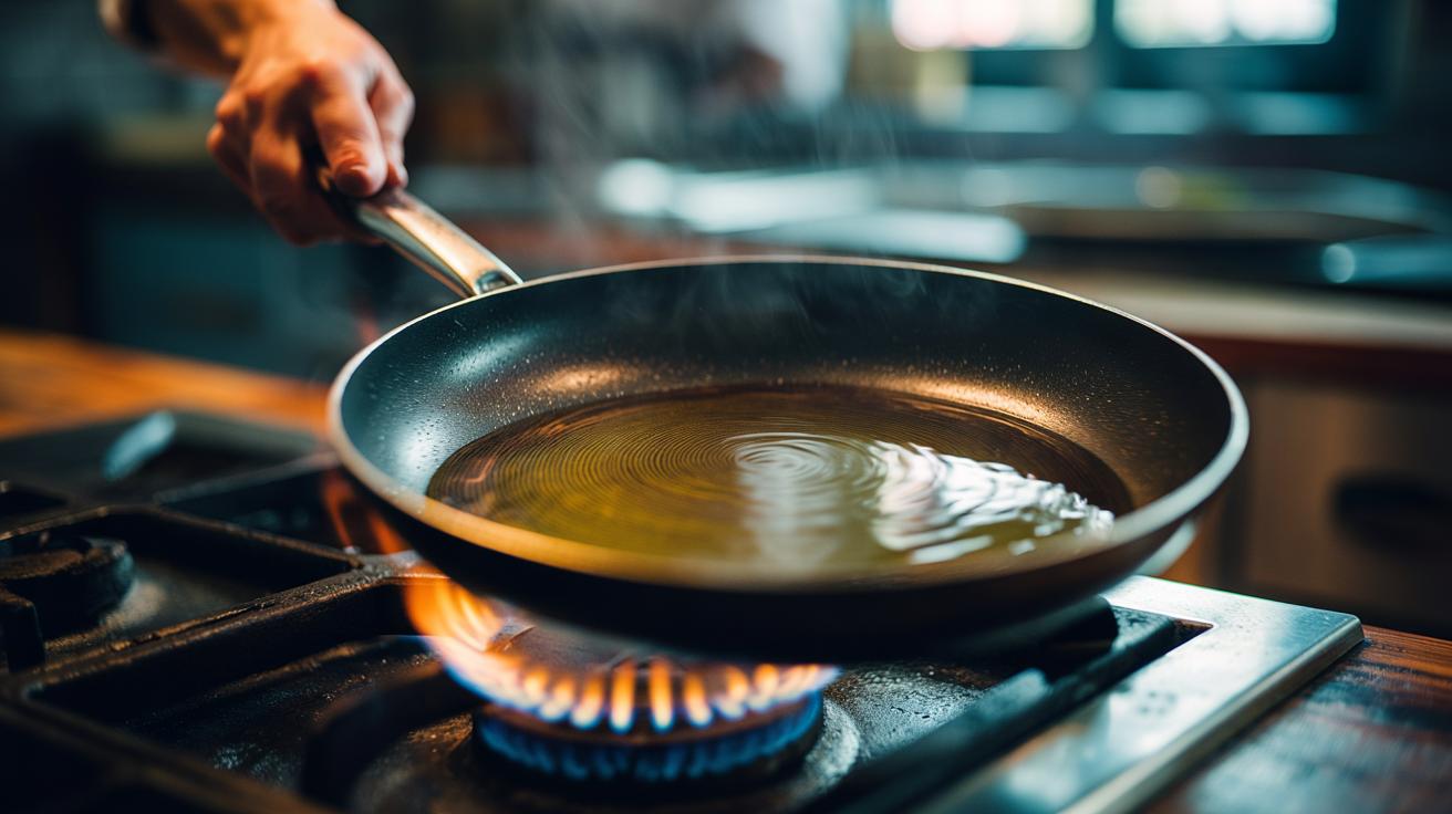Illustration of a cook tilting a heated frying pan on the hob to spread a thin, even film of oil and prevent hot spots