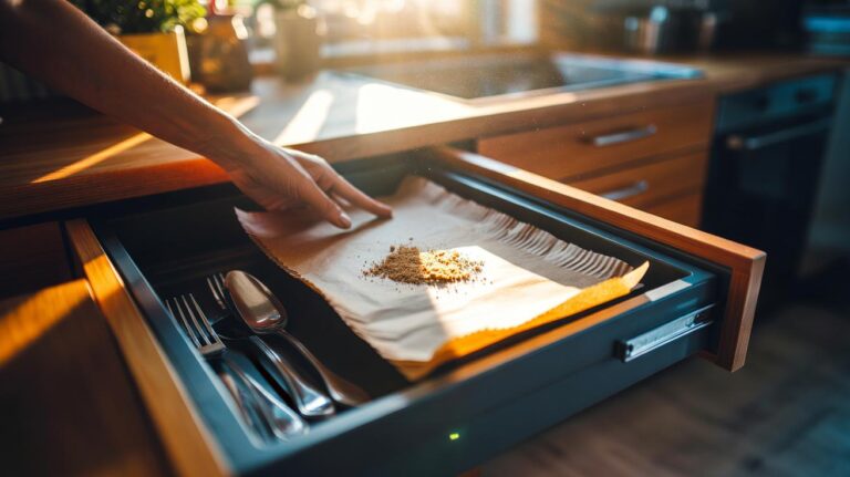 Illustration of a hand placing a disposable paper liner inside a drawer to catch dust and crumbs