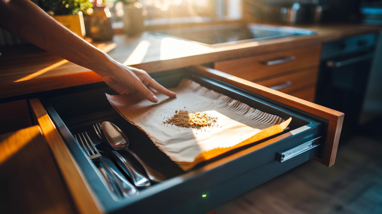 Illustration of a hand placing a disposable paper liner inside a drawer to catch dust and crumbs