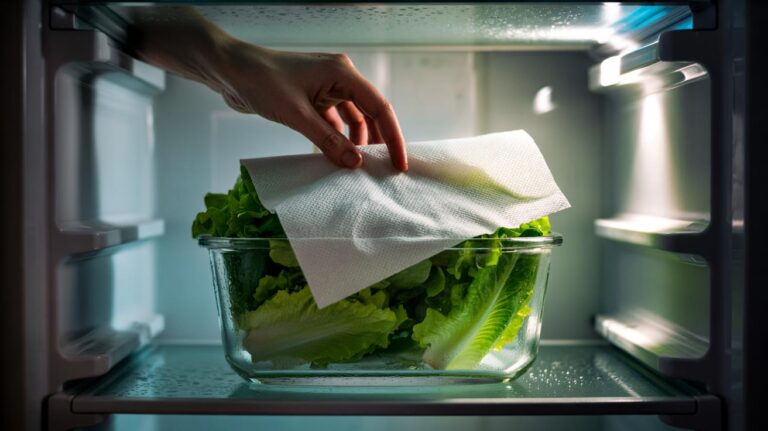 Illustration of a paper towel placed inside a lettuce container to absorb excess moisture and keep the leaves crisp