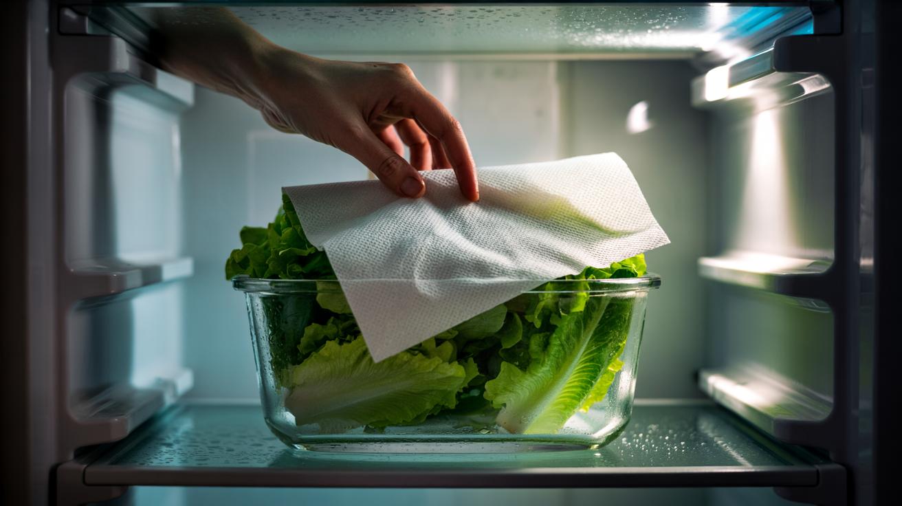 Illustration of a paper towel placed inside a lettuce container to absorb excess moisture and keep the leaves crisp