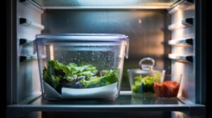 Illustration of a paper towel lining a salad container, absorbing excess moisture to keep salad leaves crisp