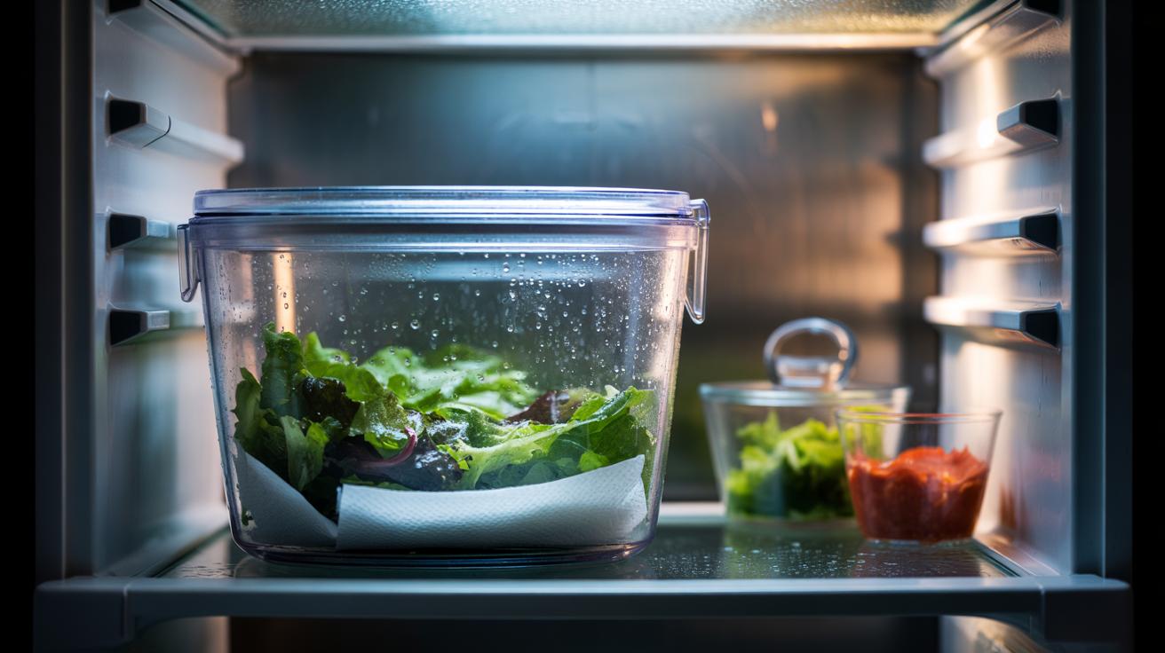 Illustration of a paper towel lining a salad container, absorbing excess moisture to keep salad leaves crisp